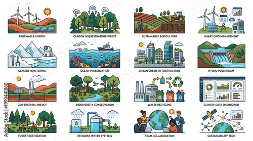 Environmental conservation and sustainable development concepts are illustrated in a comprehensive grid, featuring renewable energy, carbon sequestration forests, and waste recycling initiatives.