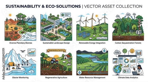 A comprehensive illustration displays a collection of eight distinct sustainability and eco-solution concepts, including diverse planetary biomes, sustainable landscape design, and renewable energy.