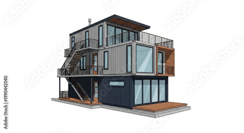 Contemporary Three-Story Shipping Container House Illustration - Modern Modular Home Architecture