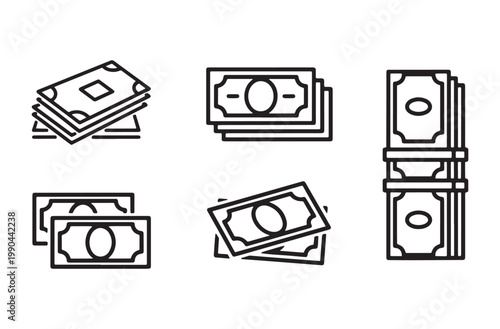 Set of simple line icons representing money and cash in different stacks and arrangements, ideal for financial and business concepts