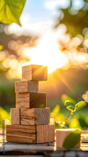 Vertical Stack Of Natural Wooden Blocks On Outdoor Table In Bright Golden Sunlight With Lush Green Garden Bokeh Background