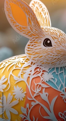 A paper cut-out bunny sits on top of an egg in a whimsical scene