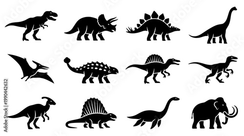 collection of dinosaur and prehistoric animal silhouettes vector illustration
