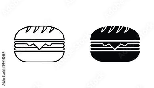 Fresh burger icon set with layered ingredients in outline and solid black vector style for food menu design