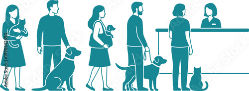 Pet Owners Waiting in Veterinary Clinic Reception Queue with Dogs and Cats