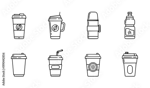Coffee and Tea Travel Mug Outline Icon Pack Thermo Cup and Insulated Bottle Linear Vector Pictograms