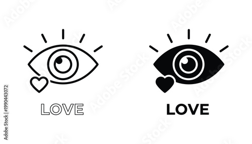 Love eye icon set with heart symbol in clean vector line art and solid black style for romance and dating applications