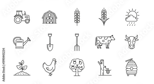 Farm life icons depicting various agricultural elements and tools in a line art style.