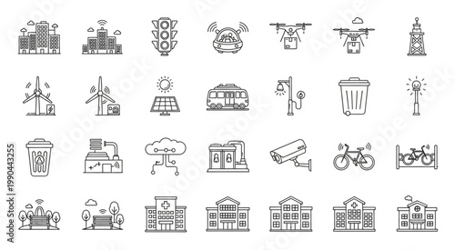 Collection of smart city icons representing modern urban infrastructure and technology.