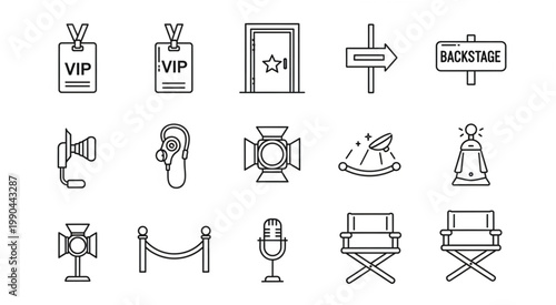 Collection of stage and backstage icons representing various elements.