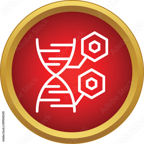 Dna double helix structure linking with hexagonal molecular elements inside a red circle icon