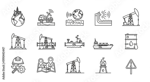 Oil and gas industry icons representing various aspects of energy production and transportation.