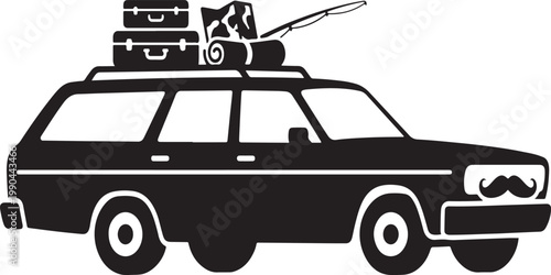 Station wagon car with travel luggage and fishing rod