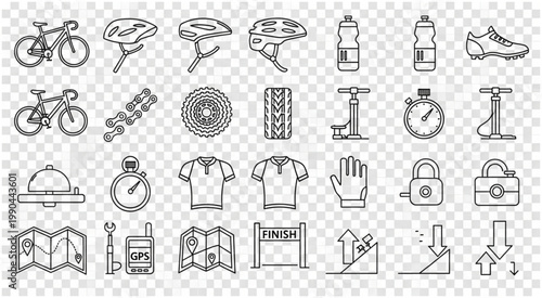 Collection of cycling equipment and accessories for outdoor sports and recreation.