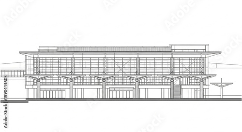 Architectural elevation drawing showcasing a contemporary building with a striking glass facade and innovative structural design