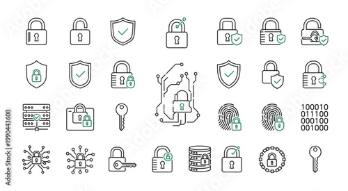 Collection of security and protection icons for digital data safety.