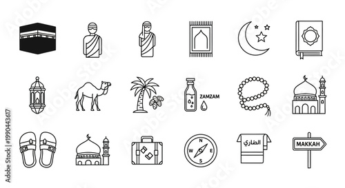 Collection of Islamic and Hajj related icons including Kaaba, prayer mat, Quran, and camel