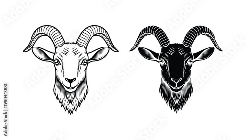 Goat head mascot icon set with curved horns for agriculture and animal imagery in vector style