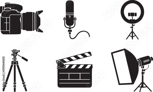 A collection of film and photography equipment on a white background