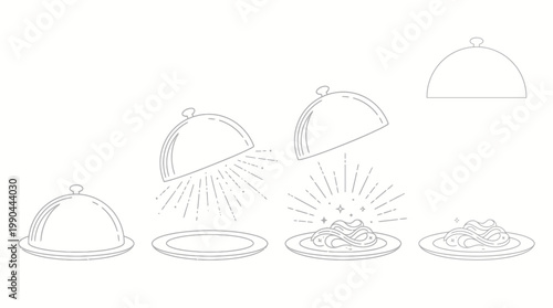 A captivating sequence illustration showing a cloche being lifted to unveil a steaming plate of spaghetti pasta, symbolizing culinary excellence and a delightful reveal