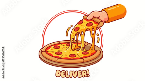 Vibrant vector artwork showcasing a hand grabbing a cheesy pepperoni pizza slice, ideal for fast food promotions and convenient meal delivery services
