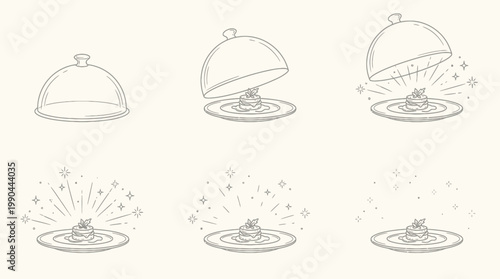 Animated vector icon sequence illustrating the dramatic unveiling of a glowing gourmet meal by lifting a cloche, ideal for culinary presentations and restaurant branding