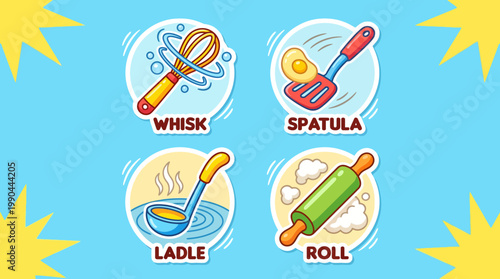Illustrated icons of kitchen utensils like a whisk, spatula, ladle, and rolling pin, perfect for cooking and baking-related designs