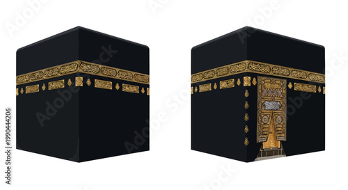 Sacred cubic building draped in black cloth with intricate golden patterns, a global symbol of spiritual devotion and pilgrimage