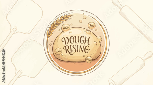 Artisan Baking Concept with Hand-Drawn Elements Illustrating the Essential Process of Dough Rising for Homemade Bread and Pastries