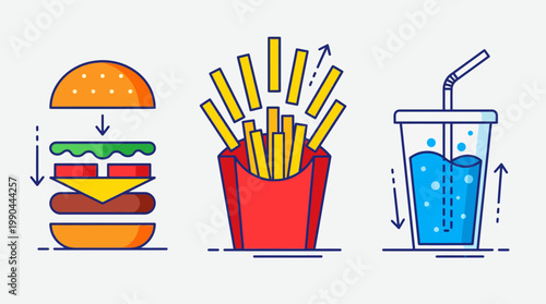 Flat design icons representing a hamburger, french fries, and a soda drink, perfect for food and beverage related concepts