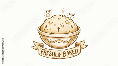 Dynamic vector illustration capturing the delightful process of active yeast dough bubbling and rising in a rustic bowl, embodying the essence of fresh homemade baking preparation