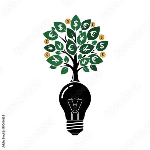Light Bulb Idea Tree Growing Money and Currency Symbols, Business Growth Concept