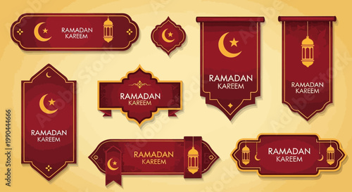 Elegant collection of Ramadan Kareem banners and labels featuring traditional Islamic crescent moon and lantern symbols for festive greetings and holiday celebrations