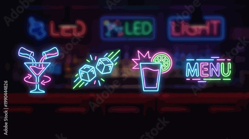 Neon Bar Signs Cocktails, Ice Cubes, Drinks, and Menu - Vibrant Nightlife Graphics