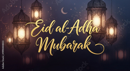 Eid al-Adha Mubarak greeting with illuminated lanterns and crescent moon festive Islamic celebration background for religious events
