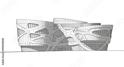Parametric Architectural Facade Elevation CAD Drawing with Organic Exoskeleton Structure Modern Building Design