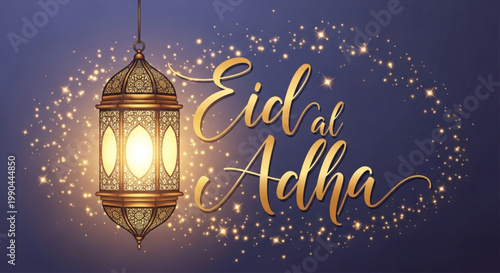 Traditional Arabic lantern glowing with warm light Eid al Adha calligraphy festive sparkling background for Islamic celebration