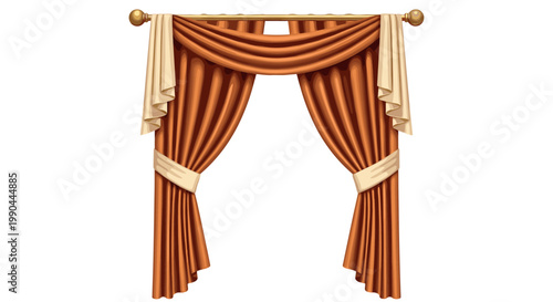 Elegant stage curtain drapery with golden fabric and decorative folds isolated on white background for theater interior design and luxury decoration