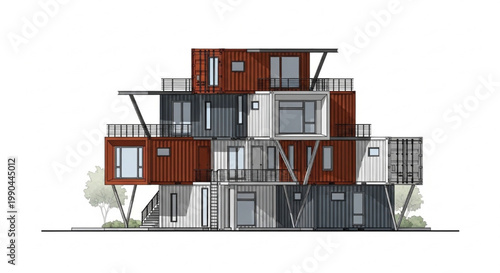 Modern Shipping Container House Facade Elevation CAD Style Architectural Technical Drawing