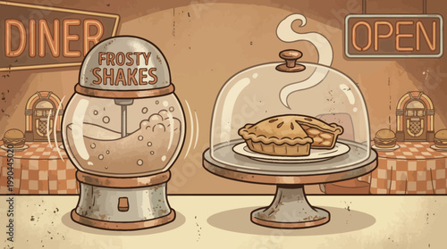 Retro diner scene with a frosty shake maker and a delicious pie under a glass dome, evoking nostalgia for classic American diners