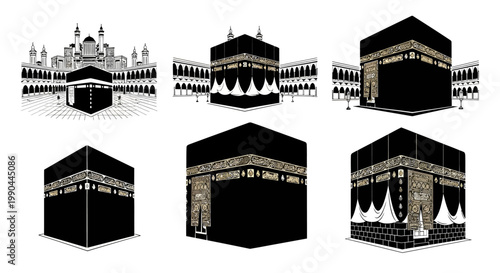 Collection of black and white vector illustrations depicting the Kaaba, the sacred cubic building at the Grand Mosque in Mecca, symbolizing Islamic faith and pilgrimage