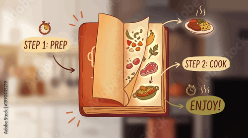 Culinary Journey Step-by-Step Guide to Delicious Meals from Recipe Book Illustration