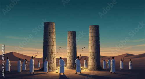Ancient desert ritual under a twilight sky with figures gathered around stone pillars