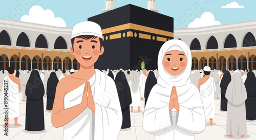 Smiling Muslim couple in Ihram clothing during Hajj pilgrimage with Kaaba in background
