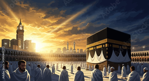 Muslim pilgrims encircling the Kaaba in Mecca during golden hour