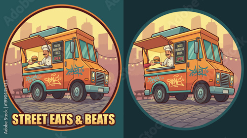 Vibrant illustration of an orange food truck with open windows, serving customers under a twilight sky with city skyline in background, featuring the text \"STREET EATS & BEATS\"