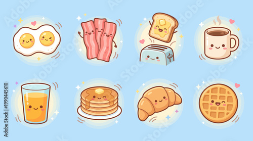 Sweet and Playful Breakfast Feast A Whimsical Collection of Animated Morning Meal Icons, including Cheerful Eggs, Bacon, Toast, and Pancakes