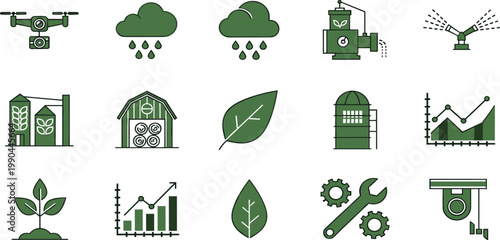 Smart agriculture vector icon set featuring 15 precision farming symbols for agtech and sustainable rural development in a flat style
