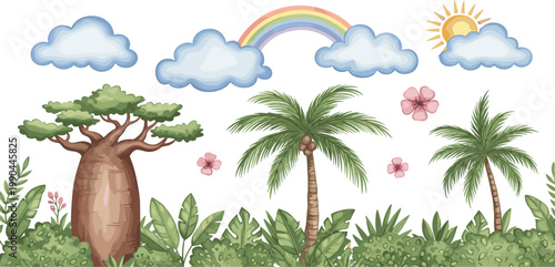 Tropical jungle and savannah vector kit featuring baobab tree palm trees rainbow and clouds for nursery murals and safari education in a flat style.