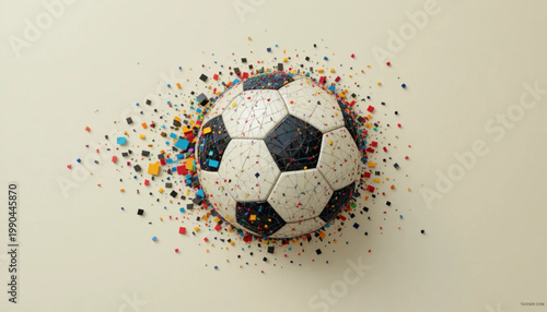 abstract soccer ball particles background, scattered geometric fragments forming a football shape, modern flat design, minimal color palette, sports themed abstract composition, plain background